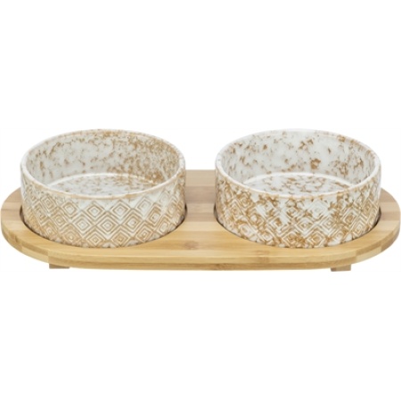 Trixie set voerbak / waterbak keramiek / bamboe wit / natuur